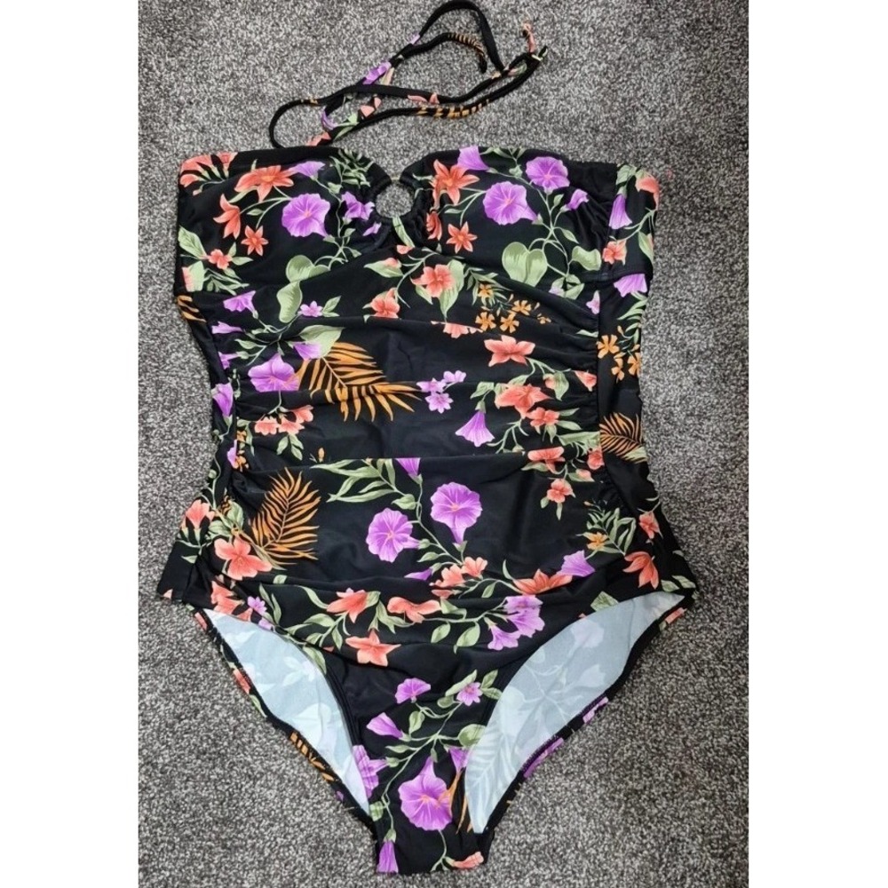 Shade & Shore One Piece Swimsuit XL Floral Center Ring Tummy Control Bandeau